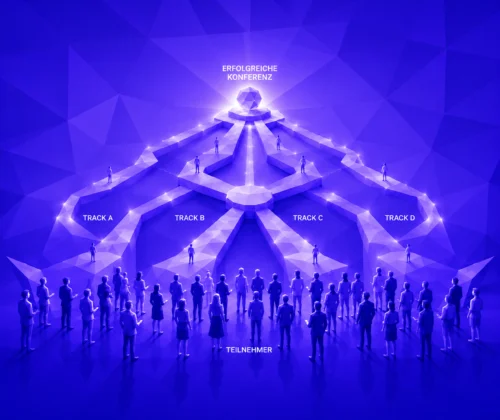Low-Poly-Illustration einer Konferenz mit Teilnehmenden, die über vier Tracks zu einer erfolgreichen Konferenz geführt werden.