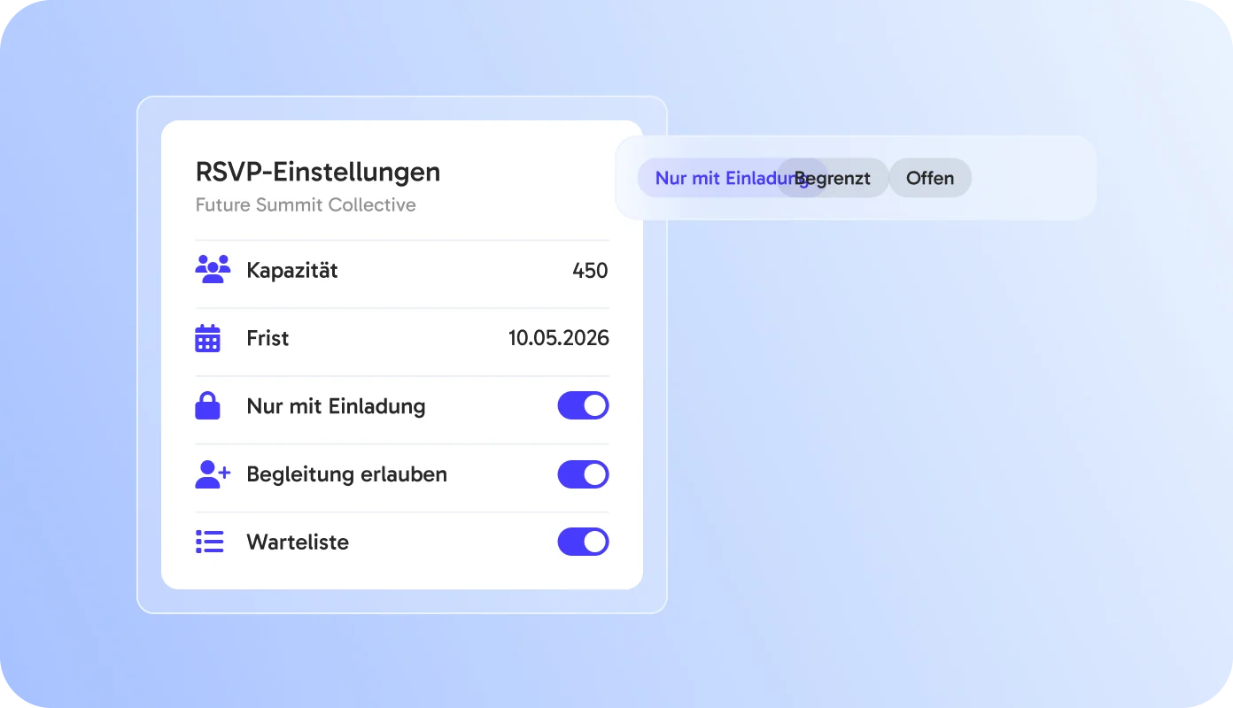 RSVP-Einstellungen mit Kapazität, Frist und Warteliste