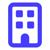 Blaues Symbol eines Gebäudes mit vier Fenstern und einem gewölbten Eingang. - eventpage.ai